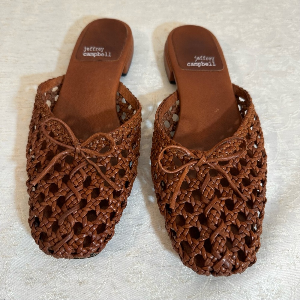 Jeffrey Campbell Weave Me Brown Leather Woven Slides – Size 9 - Picture 1 of 5